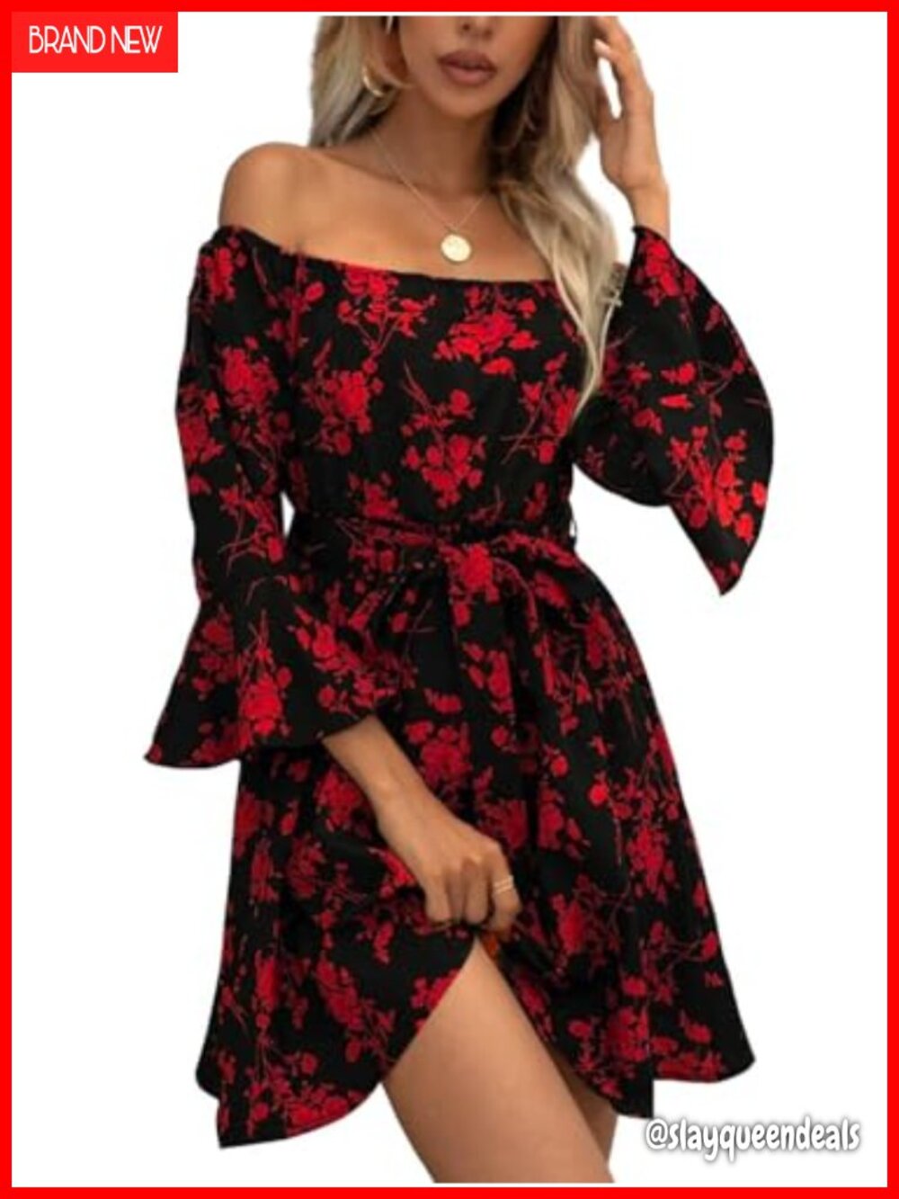 Off Shoulder Ruffle Sleeve Smocked Waist A-Line Mini Dress